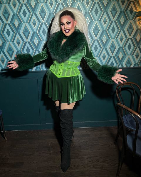 Abby in green velvet and faux fur
